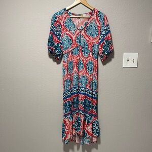 Figueroa & Flower Vibrant Red & Blue Puff Sleeve Midi Dress Abstract Size M